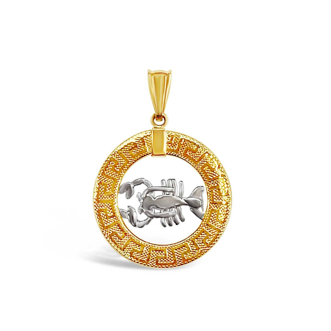 14k Yellow and White Gold Round Scorpio Zodiac Sign Cut-Out Scorpion Pendant