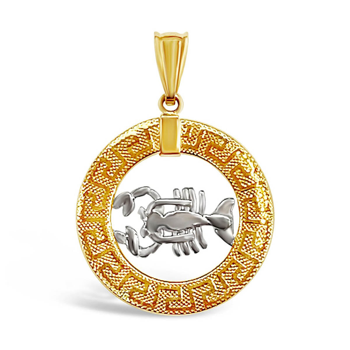 14k Yellow and White Gold Round Scorpio Zodiac Sign Cut-Out Scorpion Pendant