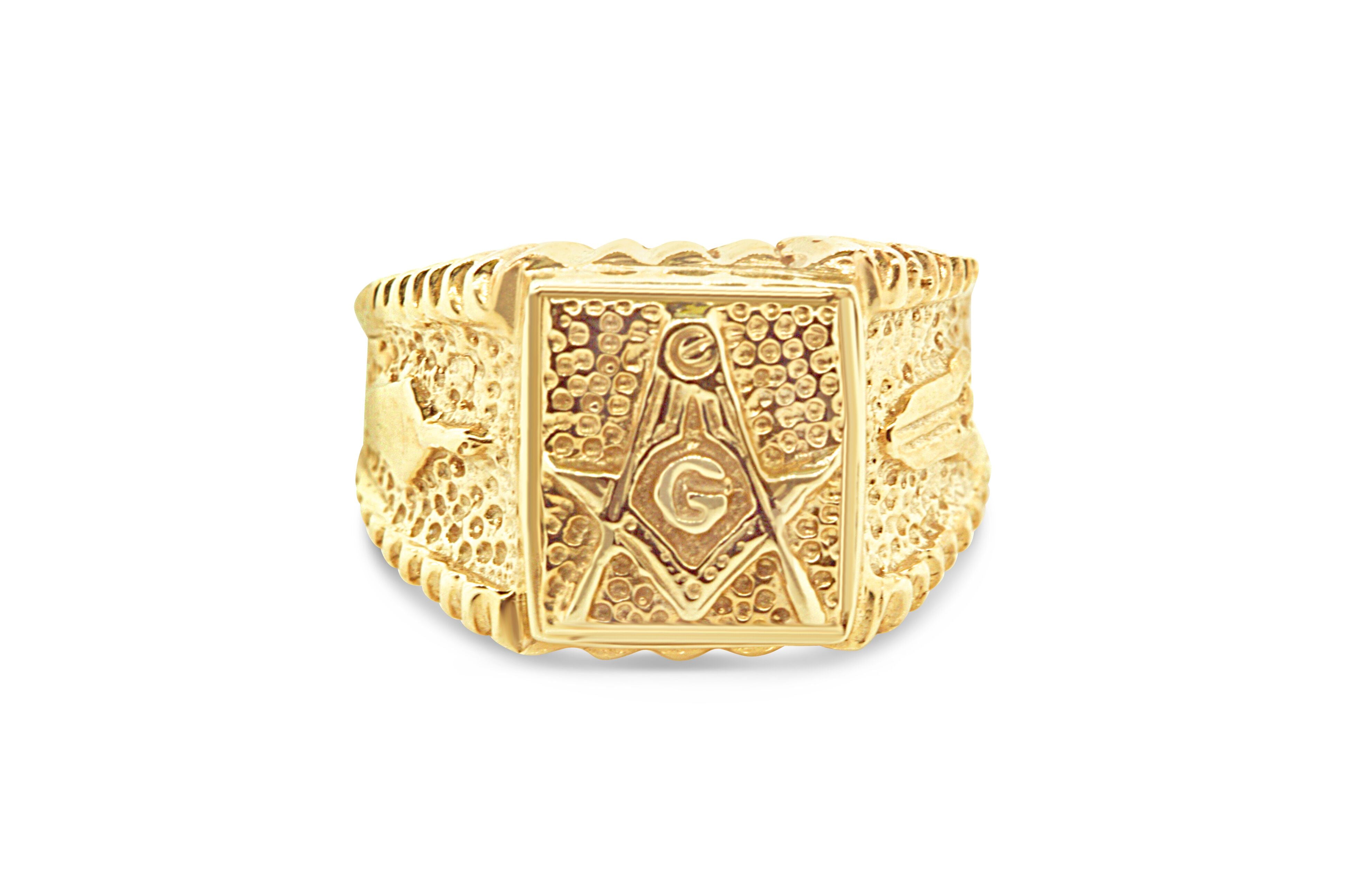 Men's Freemason Masonic Band Ring in 14k Yellow Solid Gold
