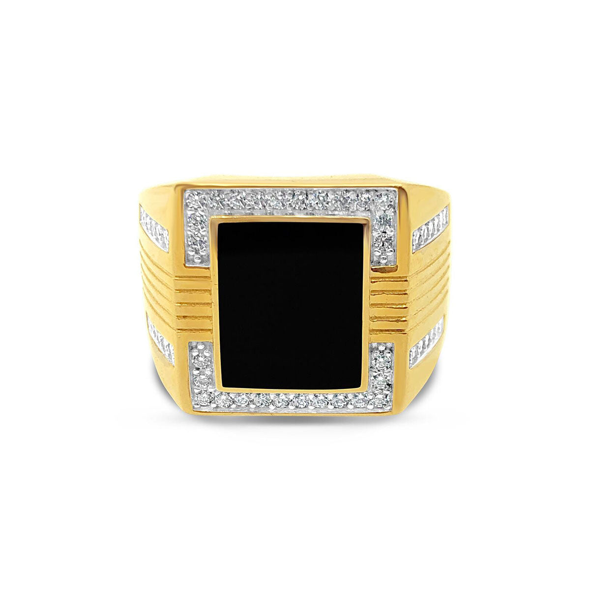 Men's Onyx and Cubic Zirconia Frame Signet Ring in 14k Yellow Gold