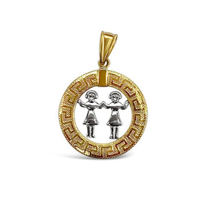 14k Yellow and White Gold Round Gemini Zodiac Sign Cut-Out The Twins Pendant