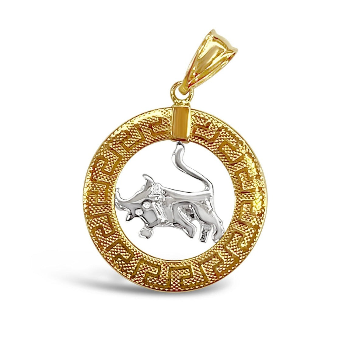 14k Yellow and White Gold Round Taurus Zodiac Sign Cut-Out Bull Pendant