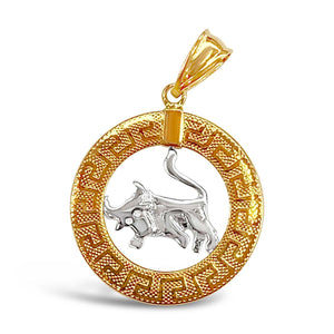 14k Yellow and White Gold Round Taurus Zodiac Sign Cut-Out Bull Pendant