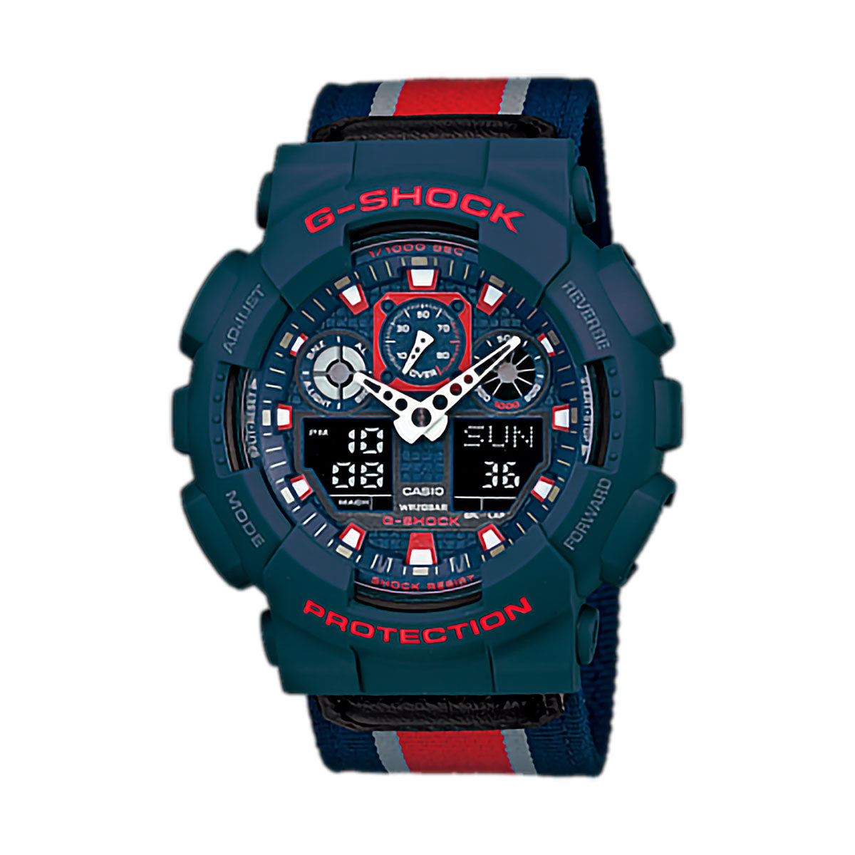 G-Shock Men's Analog-Digital Red Striped Navy Cloth Strap Watch 51x55mm GA100MC-2A