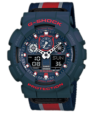 G-Shock Men's Analog-Digital Red Striped Navy Cloth Strap Watch 51x55mm GA100MC-2A