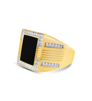 Men's Onyx and Cubic Zirconia Frame Signet Ring in 14k Yellow Gold