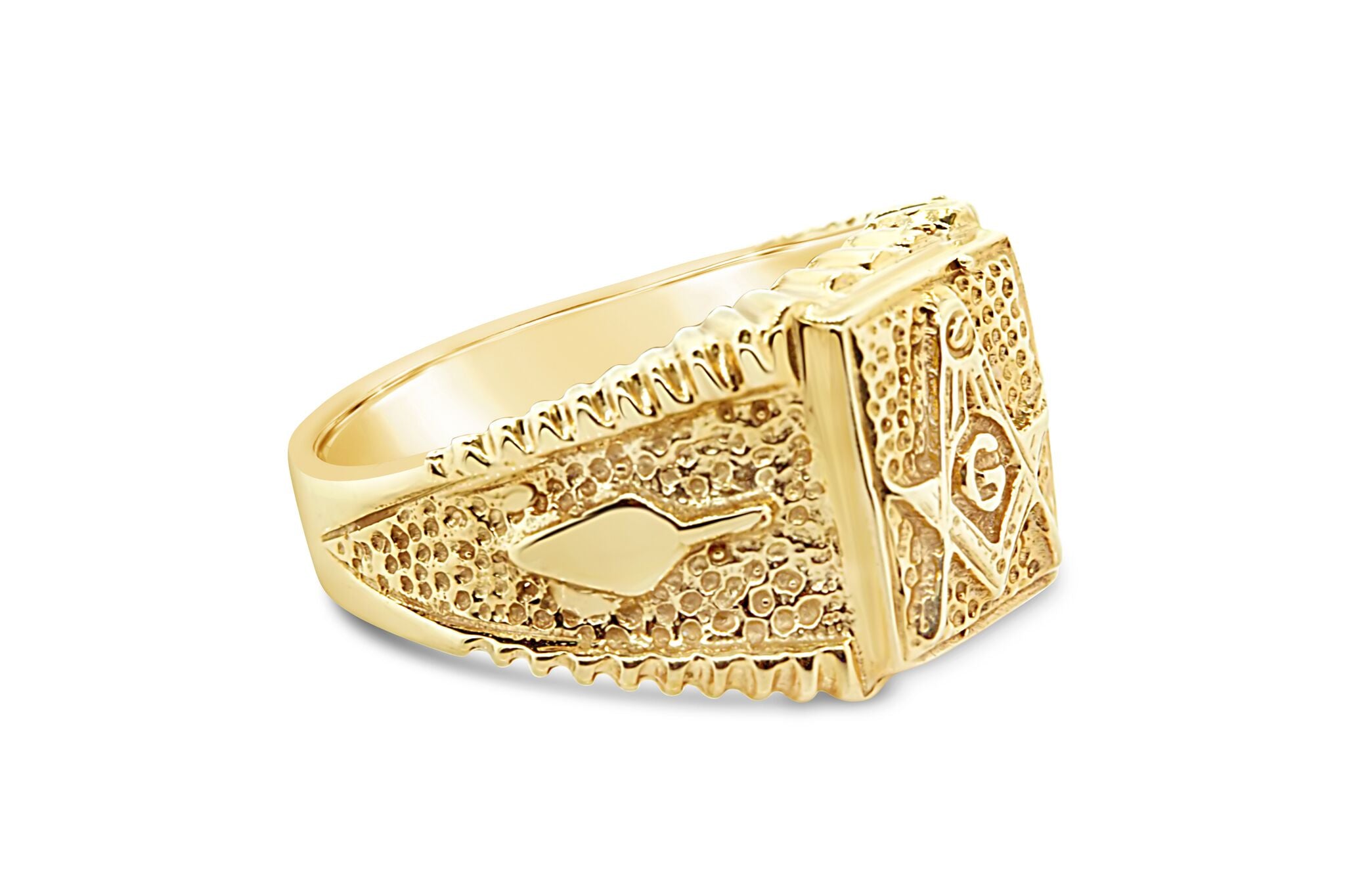 Men's Freemason Masonic Band Ring in 14k Yellow Solid Gold